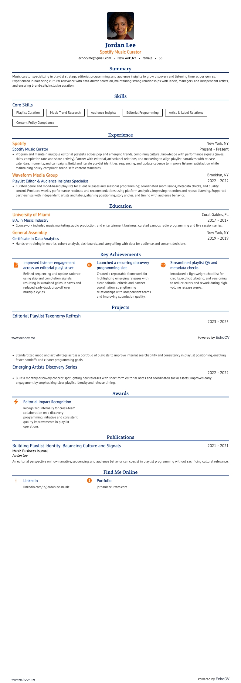 Spotify Music Curator example resume