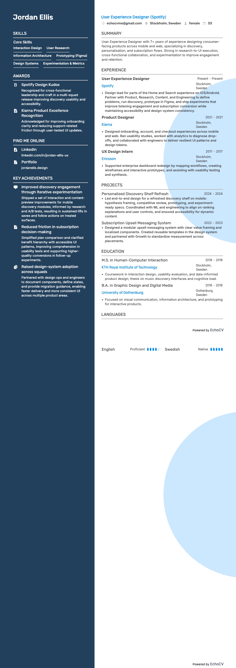 Spotify User Experience Designer example resume