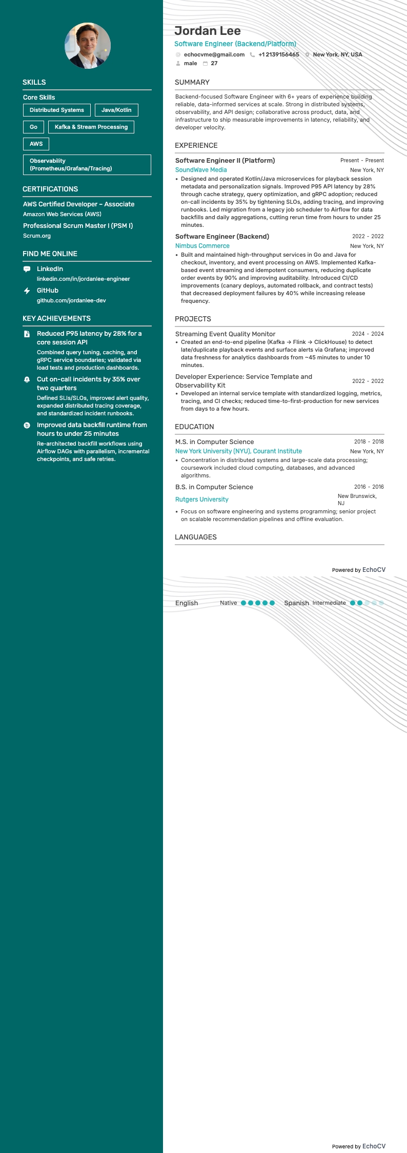 Spotify Software Engineer example resume