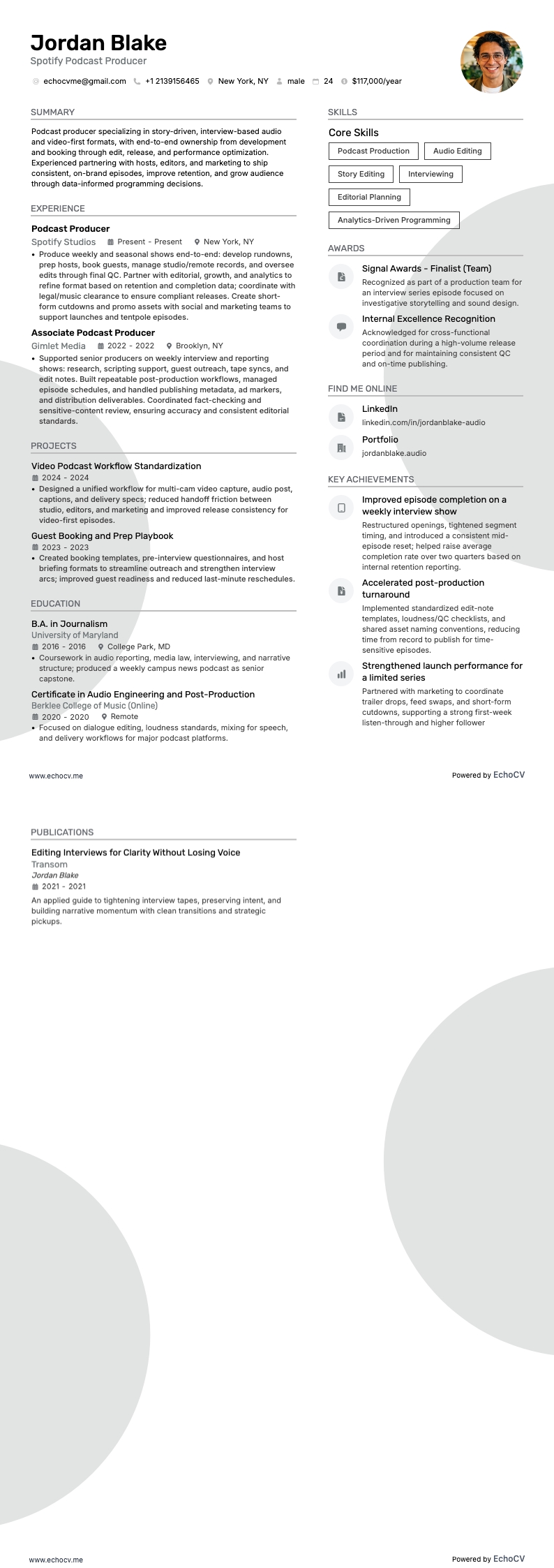 Spotify Podcast Producer example resume