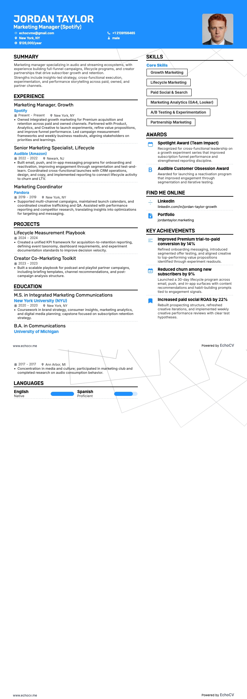 Spotify Marketing Manager example resume