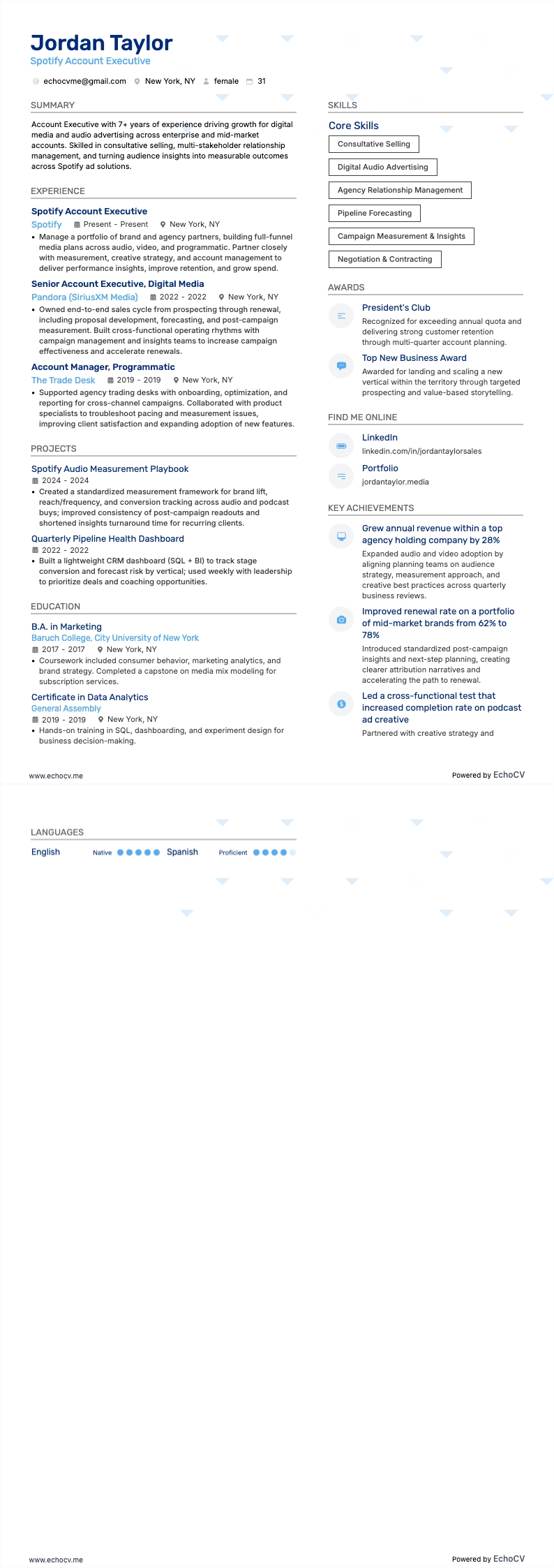 Spotify Account Executive example resume