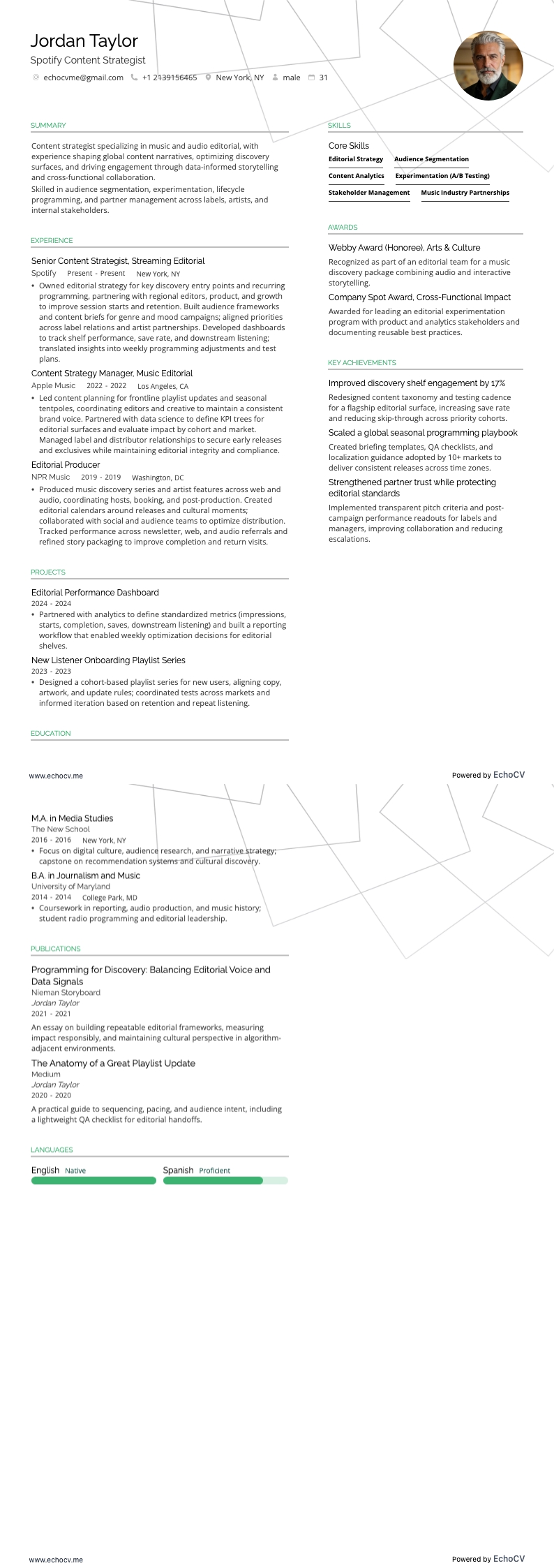 Spotify Content Strategist example resume