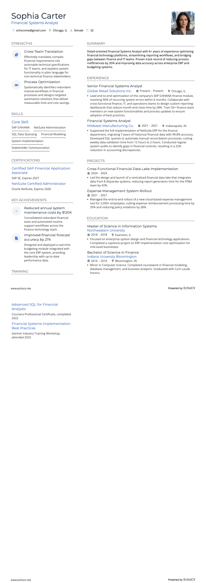 Financial Systems Analyst example resume
