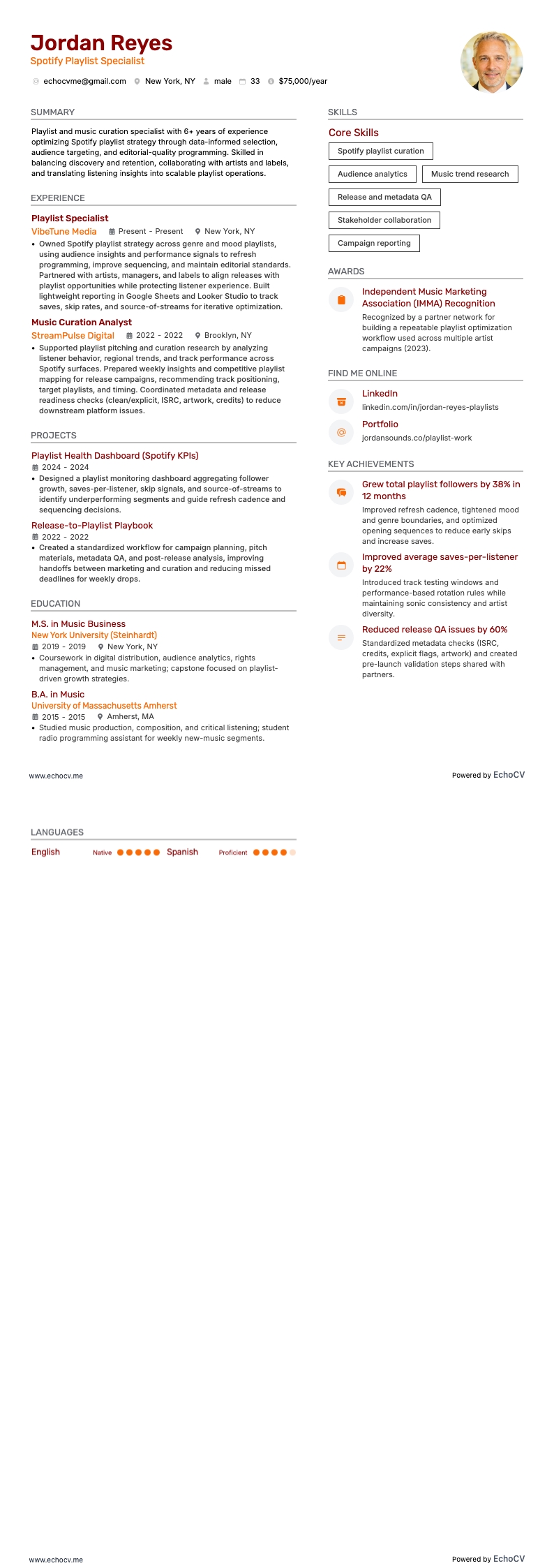 Spotify Playlist Specialist example resume