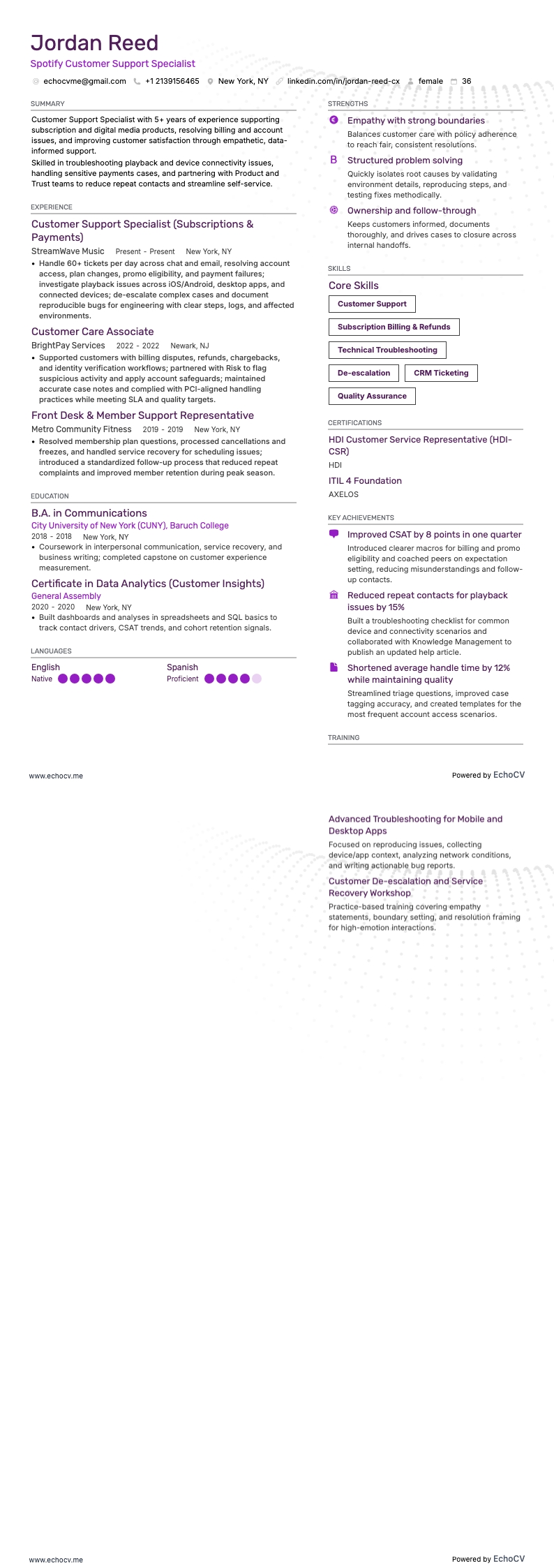 Spotify Customer Support Specialist example resume