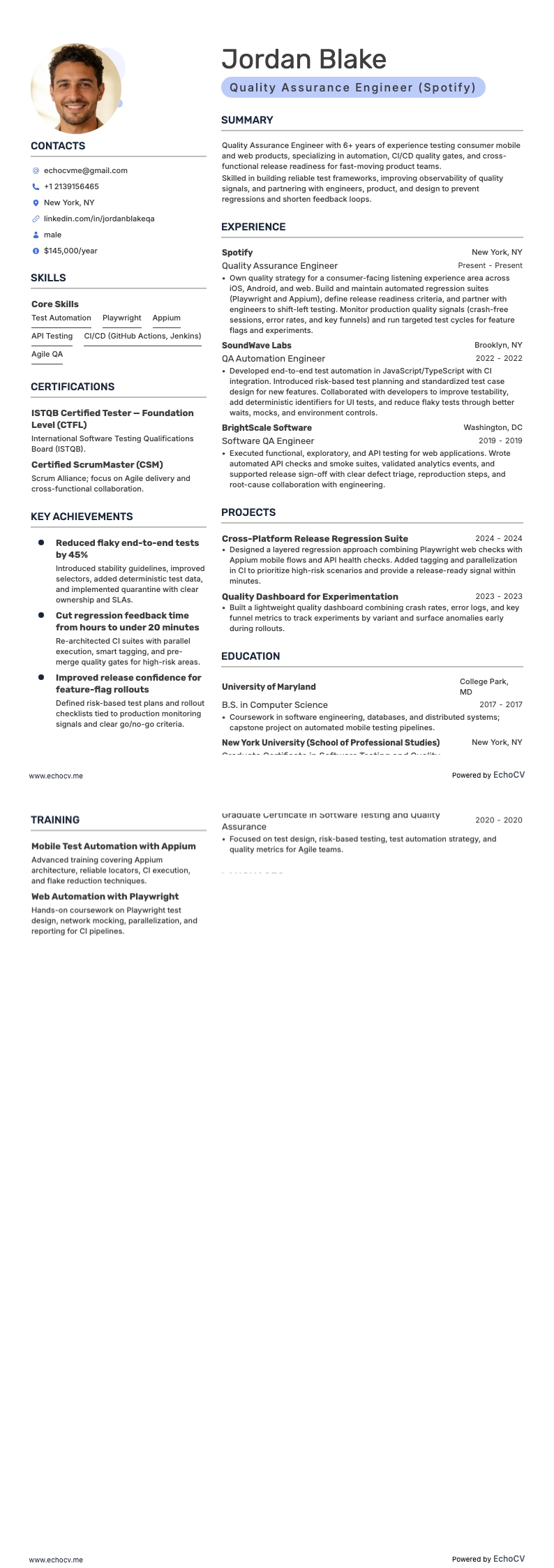 Spotify Quality Assurance Engineer example resume