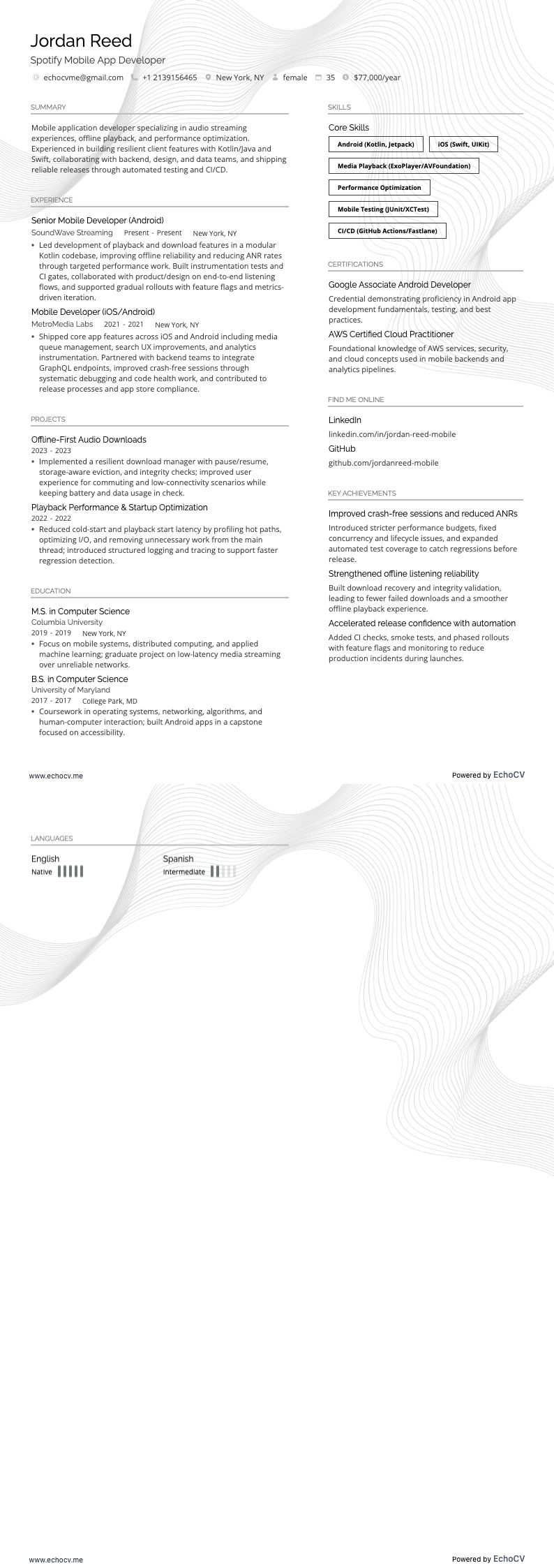 Spotify Mobile App Developer example resume