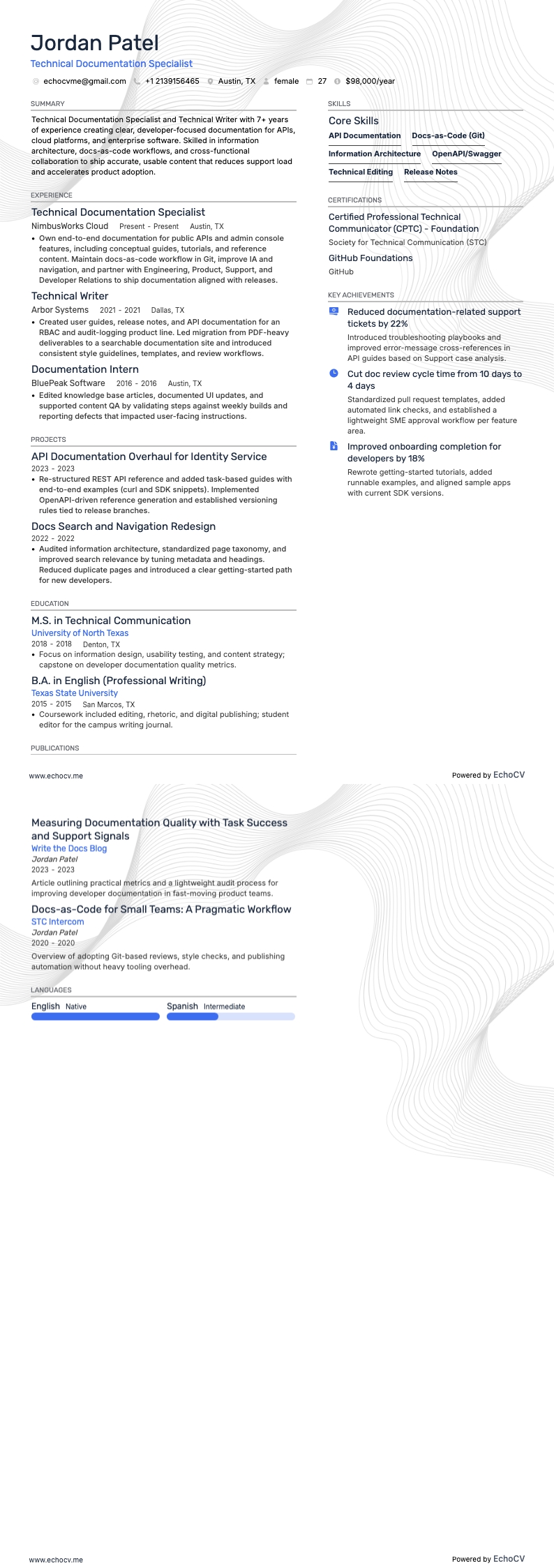 Chuyên viên tài liệu kỹ thuật resume example