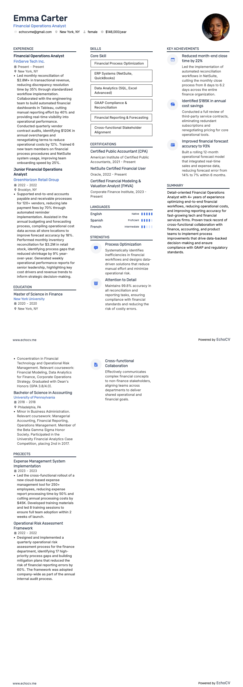 Financial Operations Analyst example resume