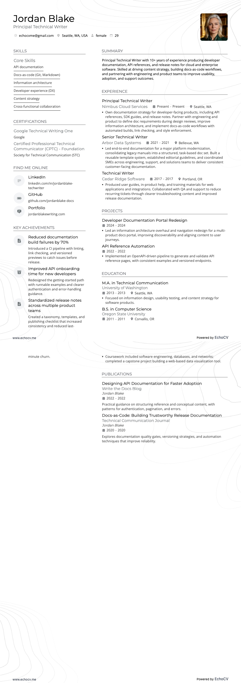 Principal Technical Writer example resume