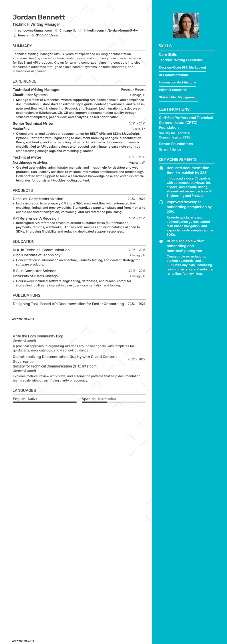 Technical Writing Manager example resume