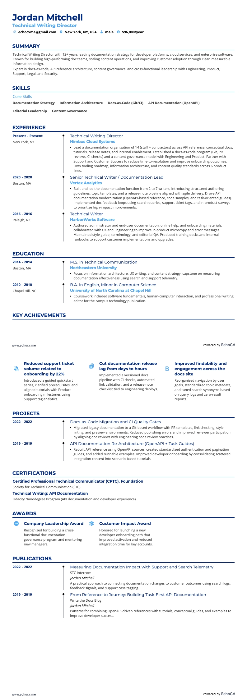 Technical Writing Director example resume