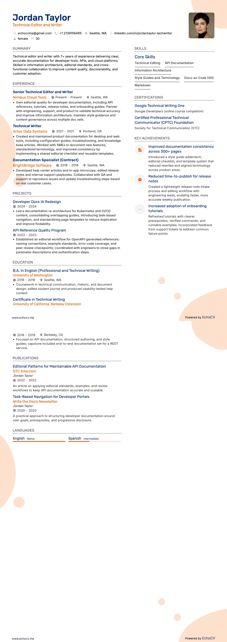 Technical Editor and Writer example resume