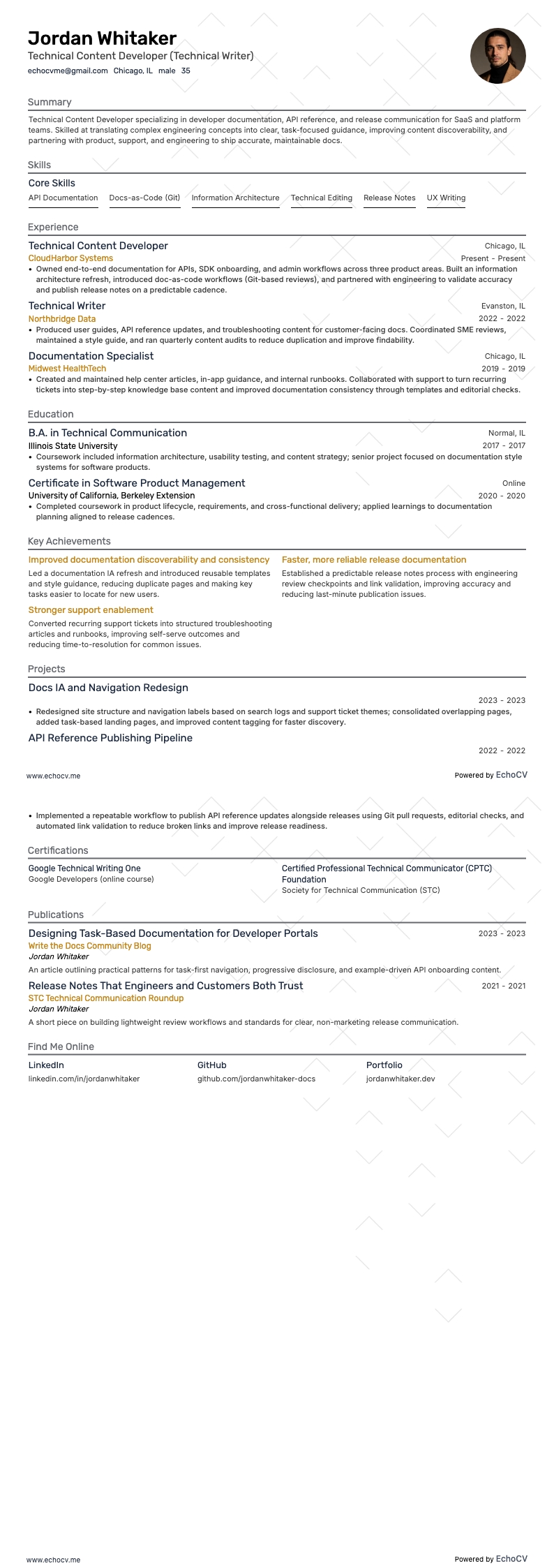 Technical Content Developer example resume