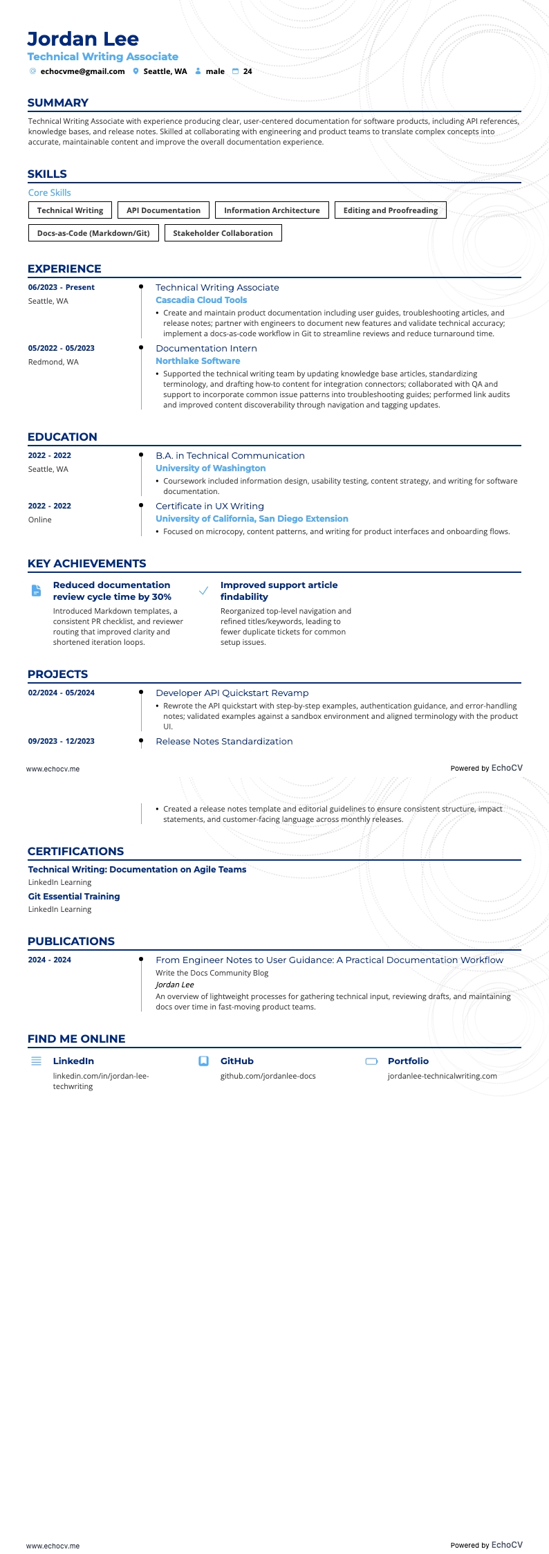 Technical Writing Associate example resume
