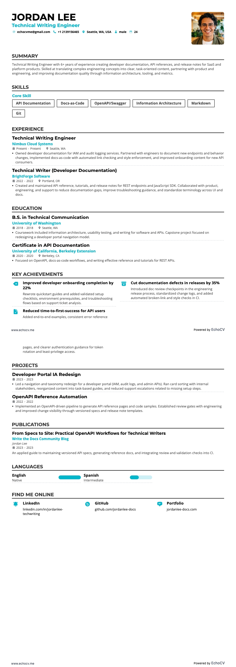 Technical Writing Engineer example resume