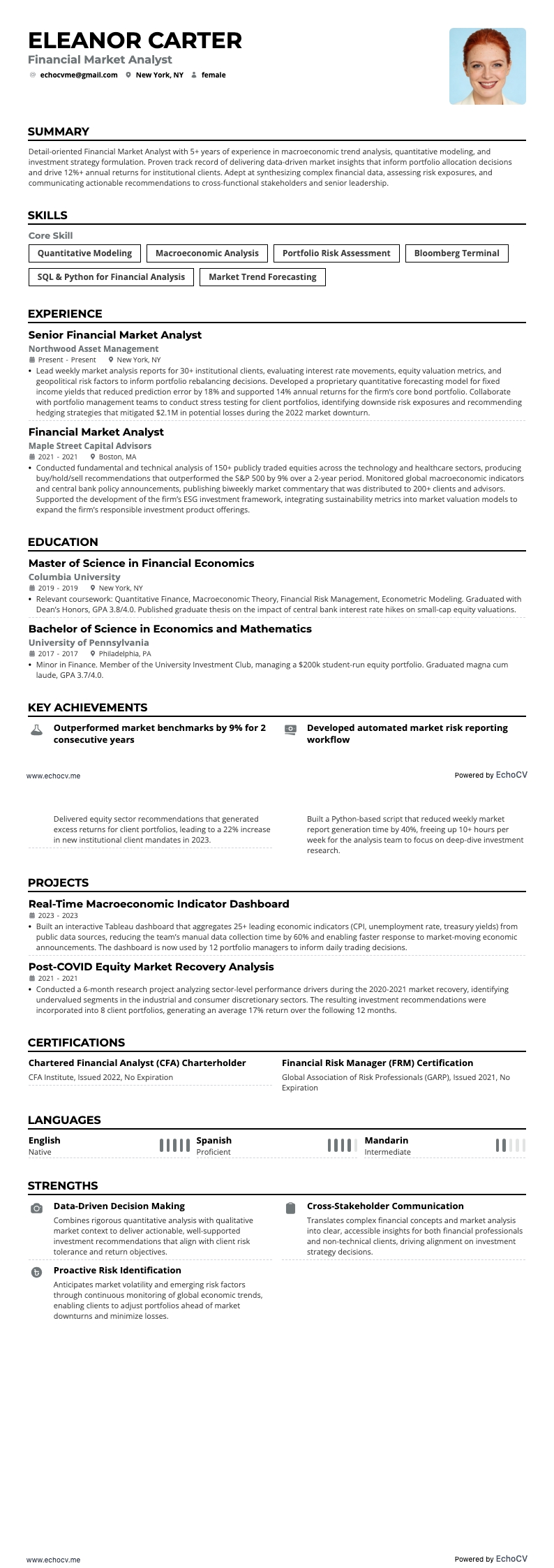 Financial Market Analyst example resume