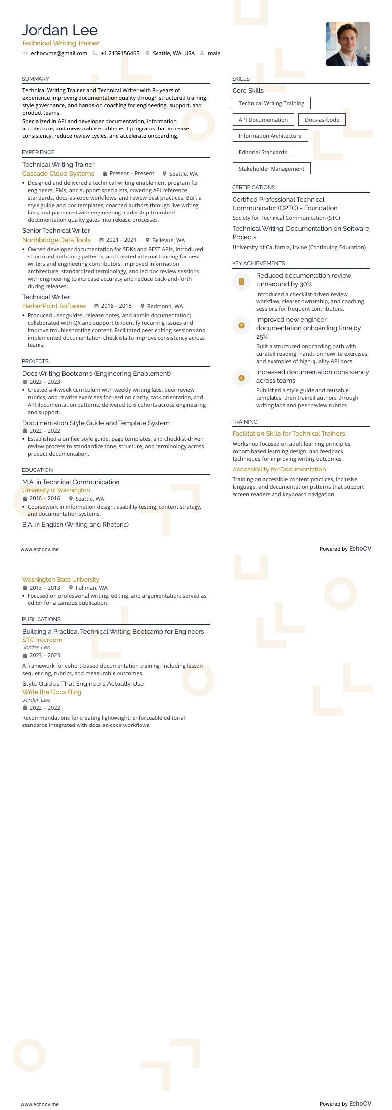 Technical Writing Trainer example resume