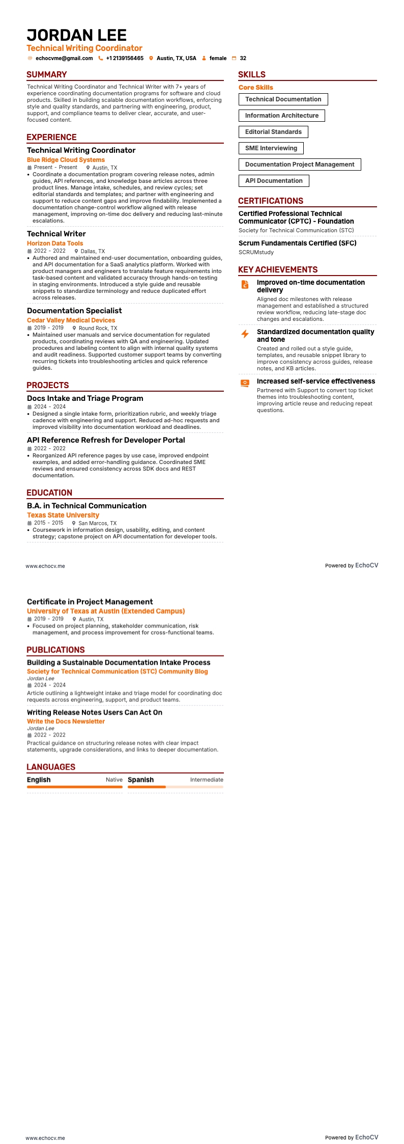 Technical Writing Coordinator example resume