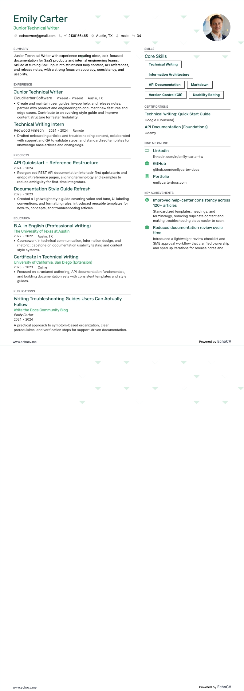 Junior Technical Writer example resume