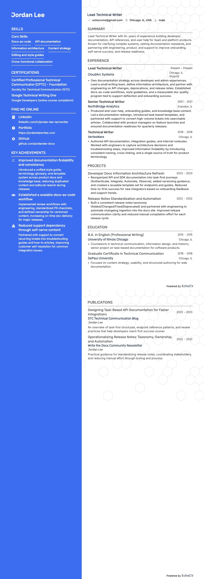 Lead Technical Writer example resume