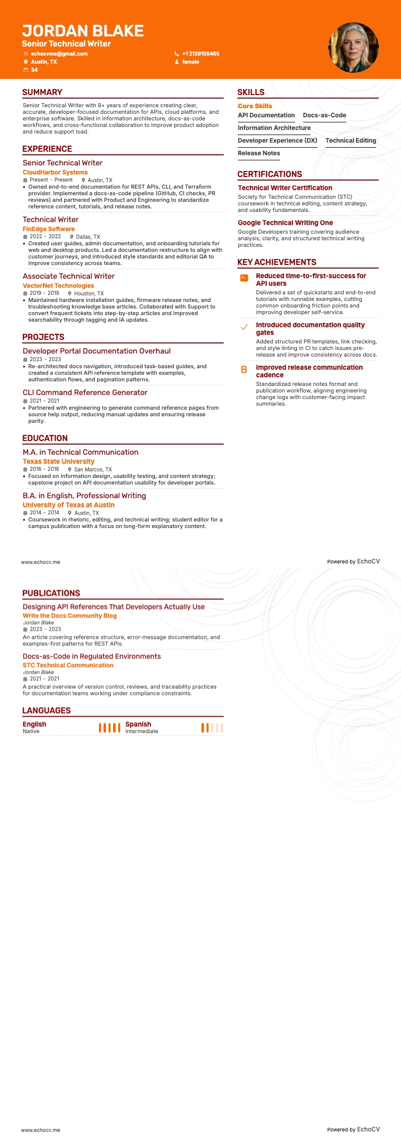 Senior Technical Writer example resume