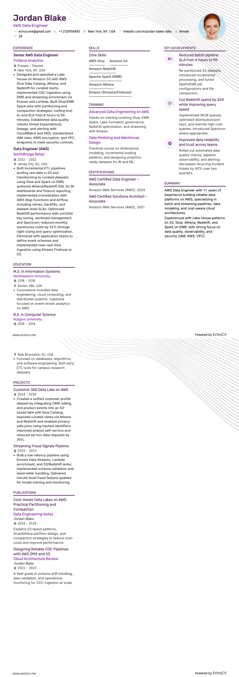 AWS Data Engineer Resume example resume