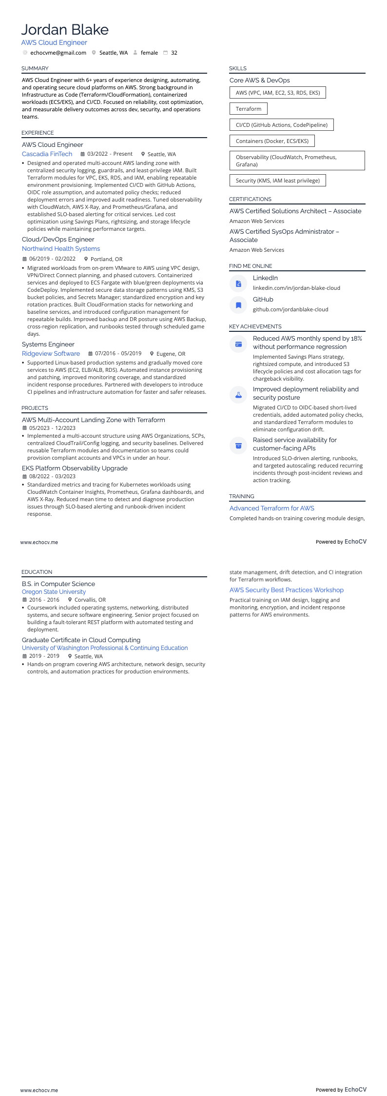 AWS Cloud Engineer Resume example resume