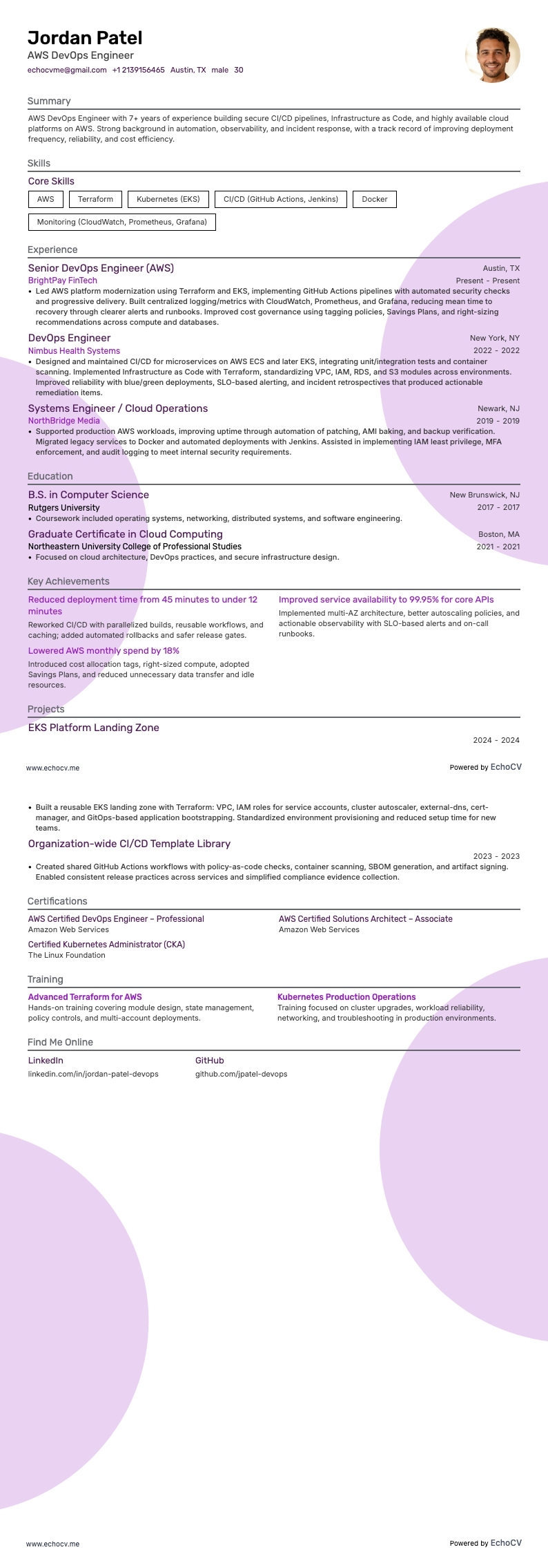 AWS Devops Resume example resume