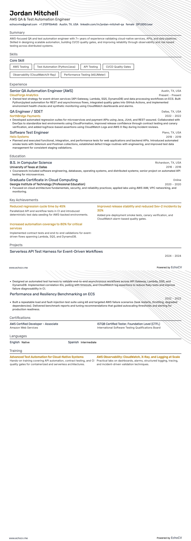 AWS Testing Resume example resume