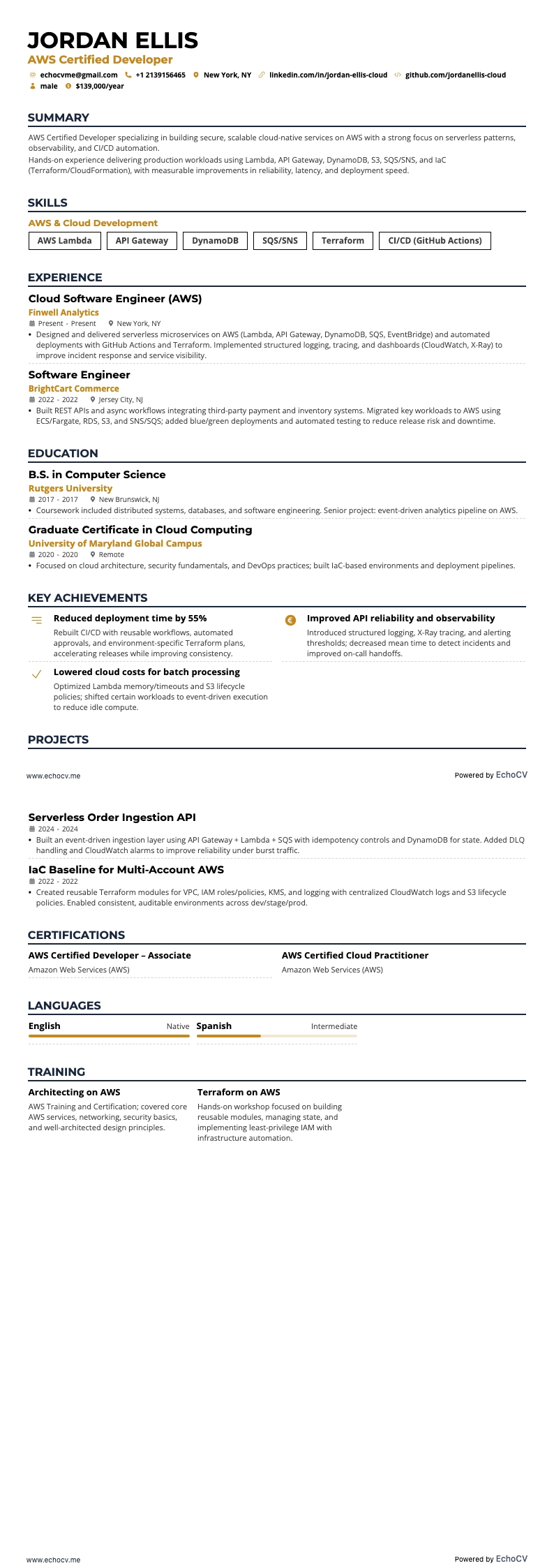 AWS Certified Developer example resume