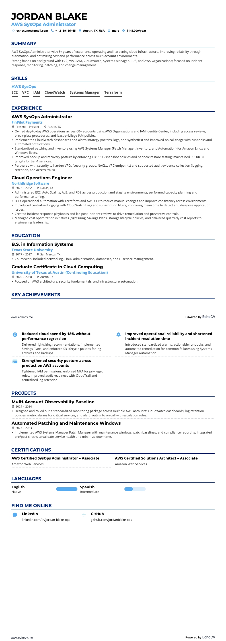 AWS SysOps Administrator example resume