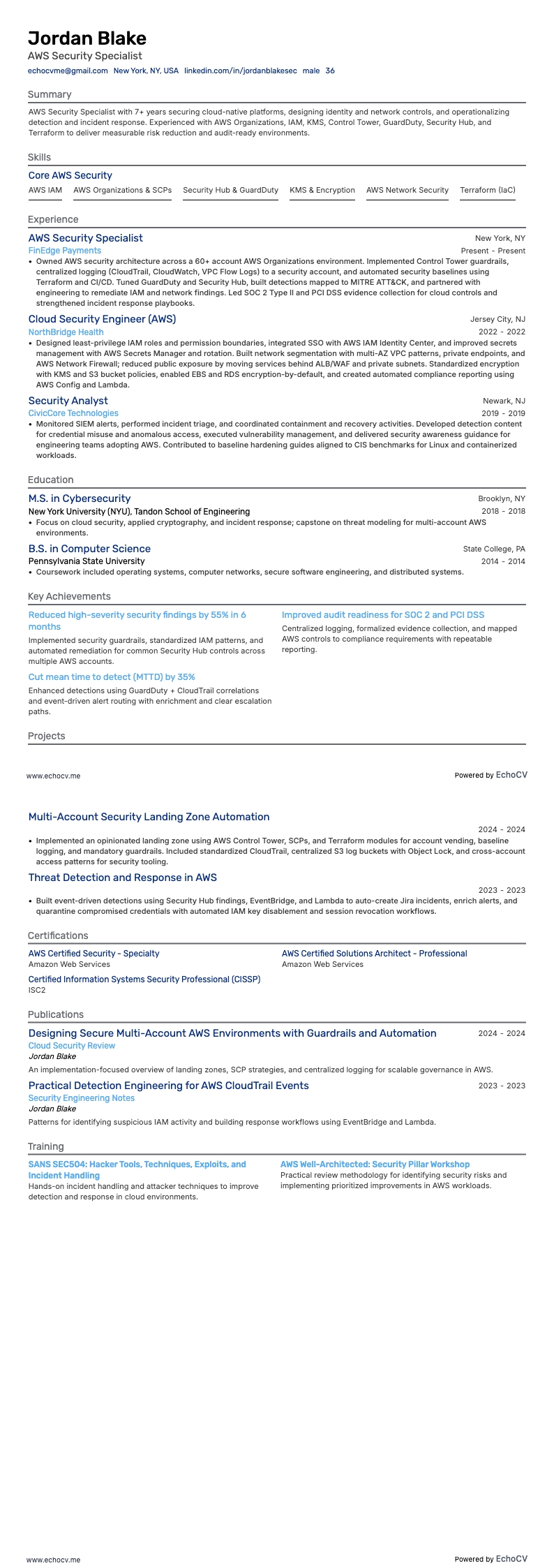AWS Security Specialist example resume