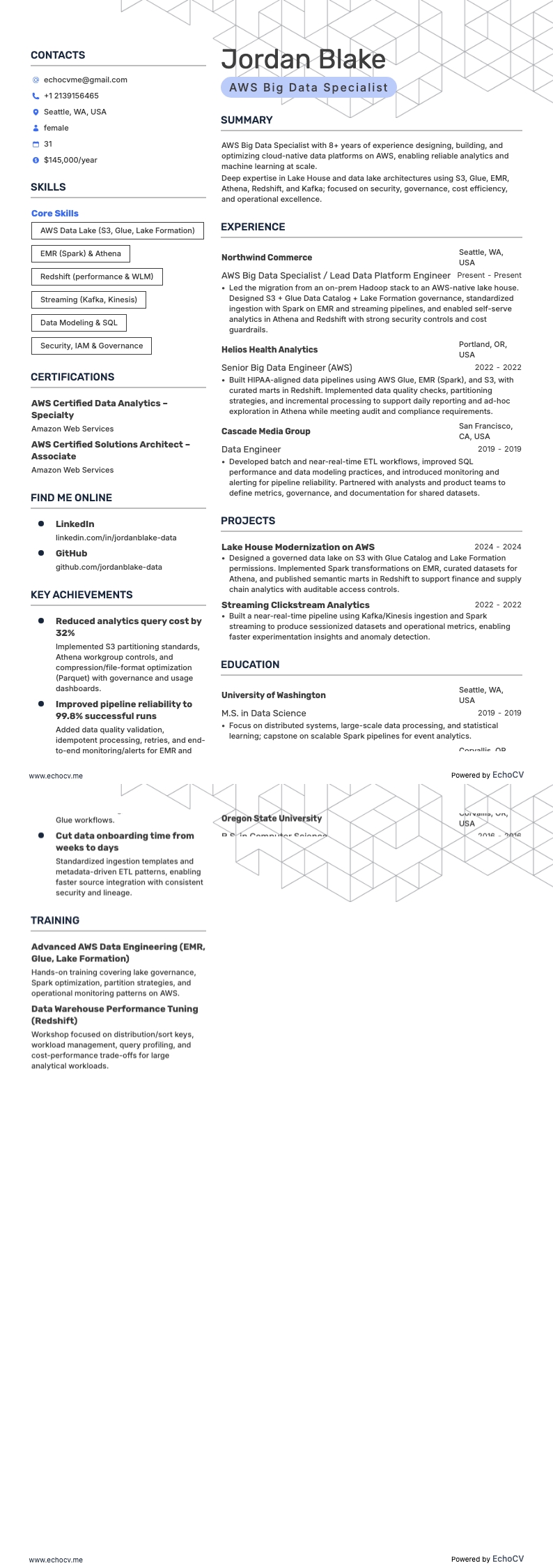 AWS Big Data Specialist example resume