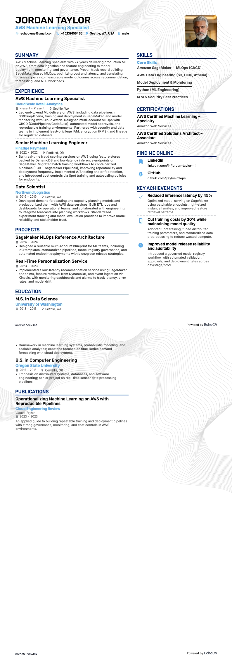 AWS Machine Learning Specialist example resume
