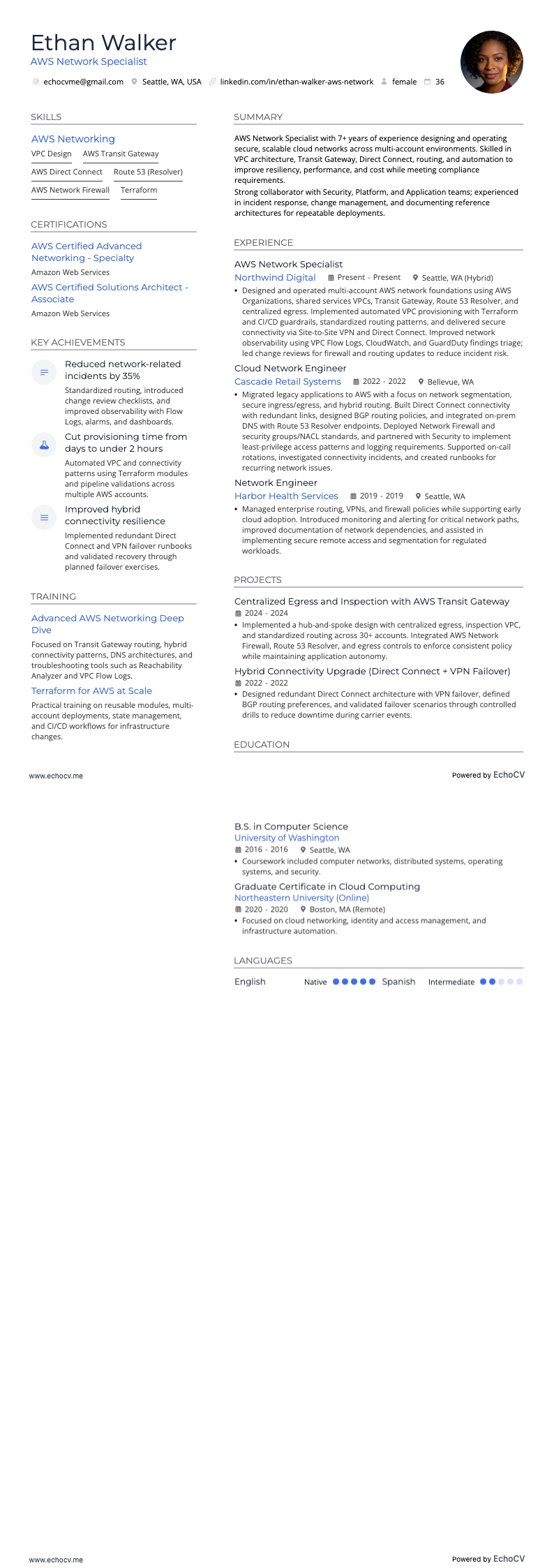 AWS Network Specialist example resume