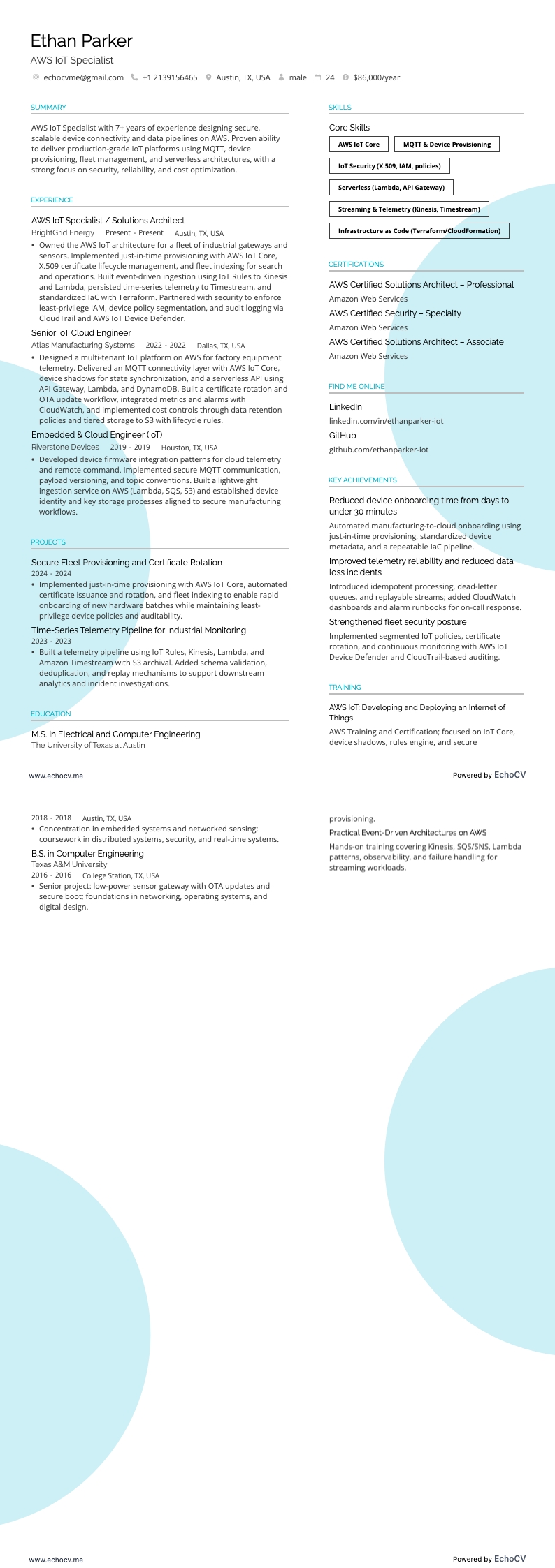 AWS IoT Specialist example resume