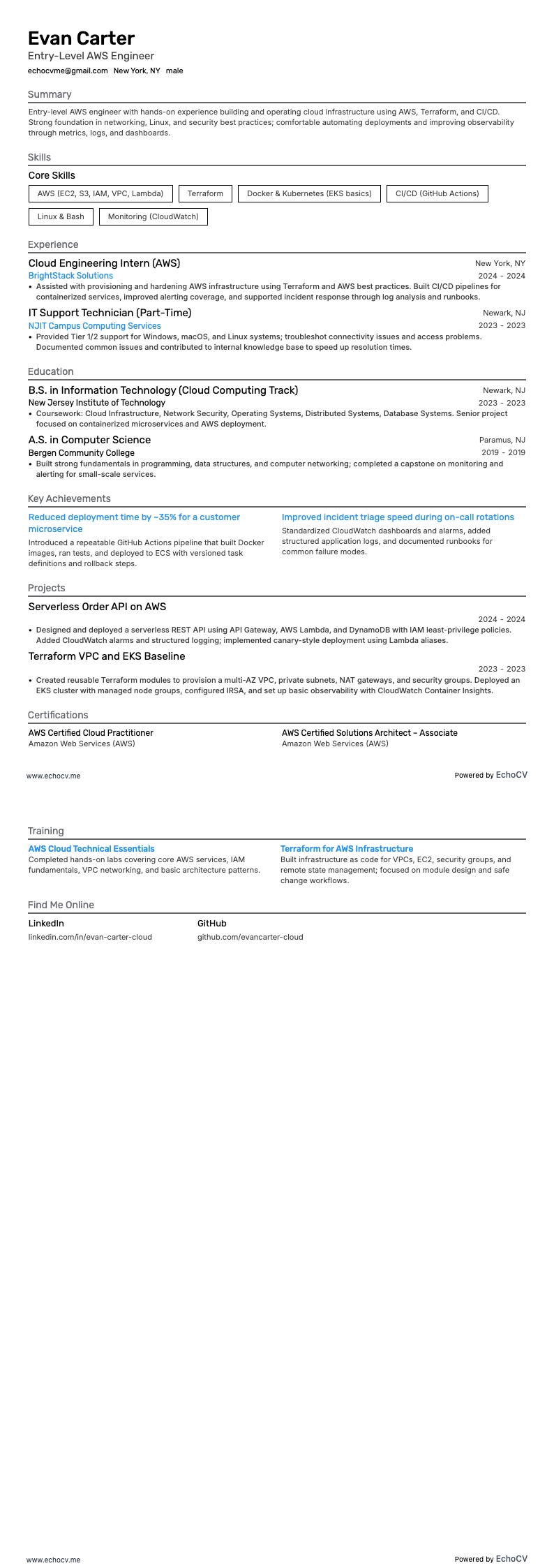 Entry-Level AWS Engineer example resume