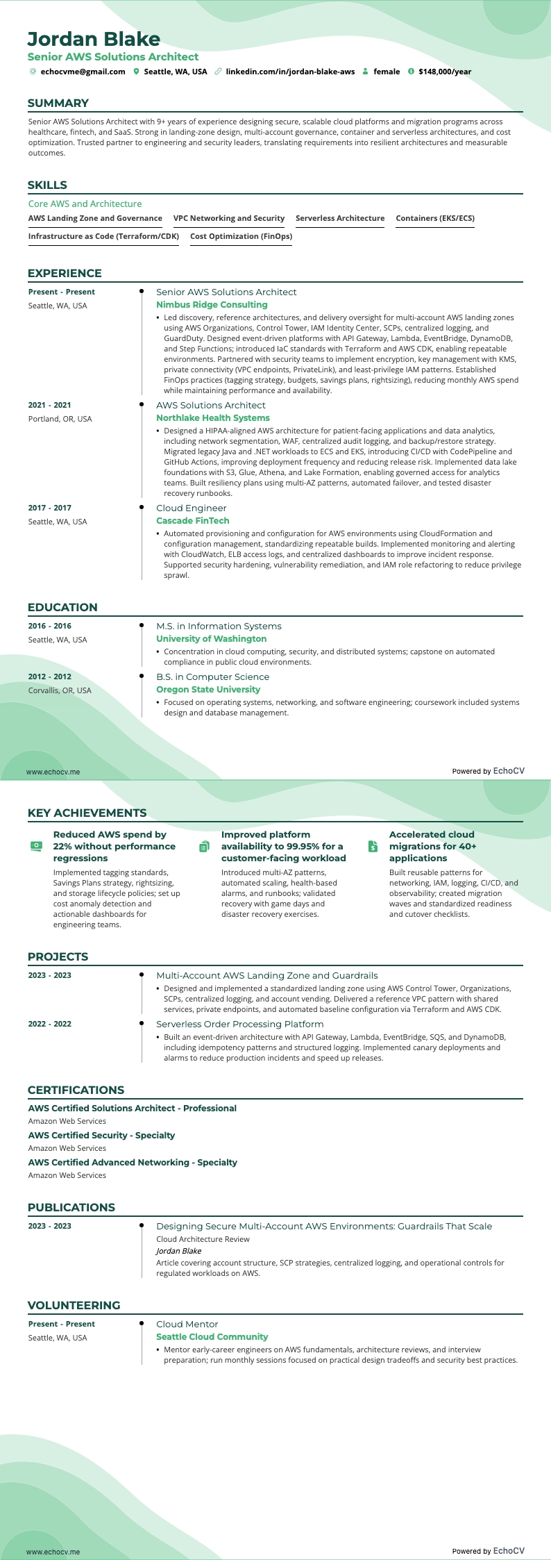 Senior AWS Solutions Architect example resume
