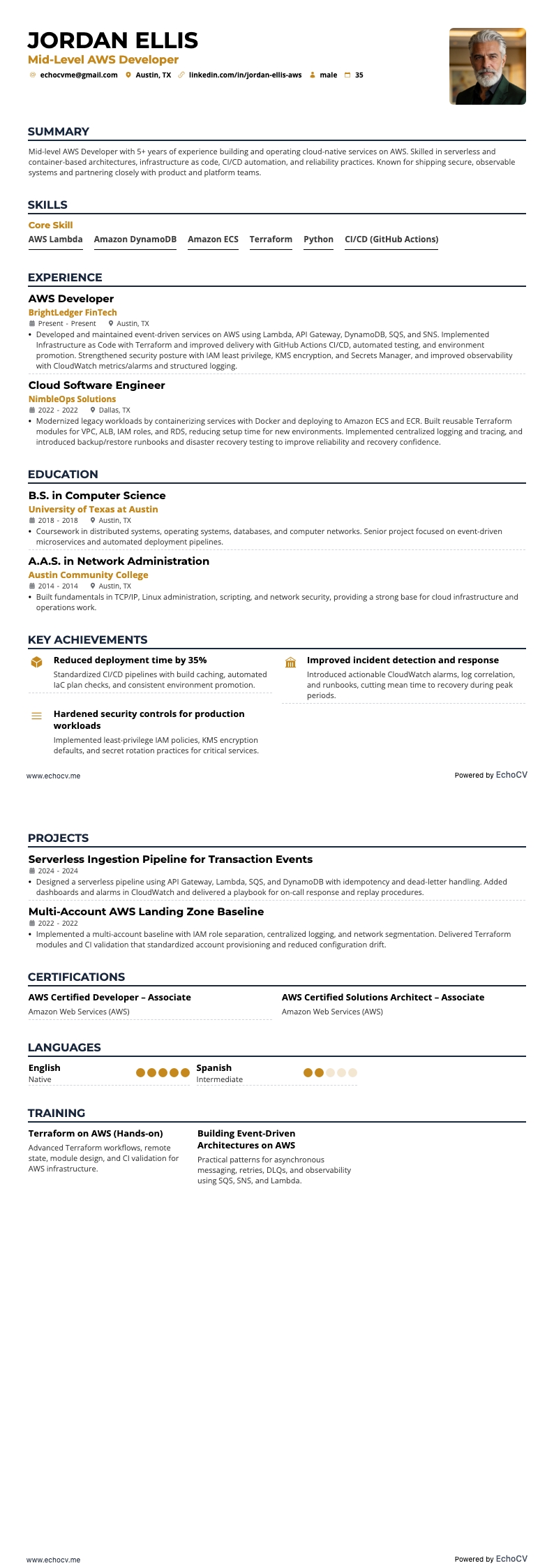 Mid-Level AWS Developer example resume