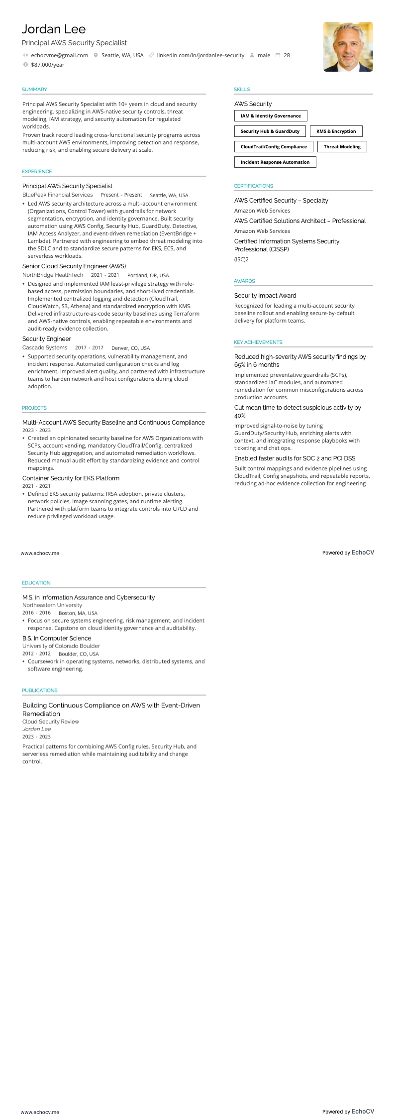 Principal AWS Security Specialist example resume
