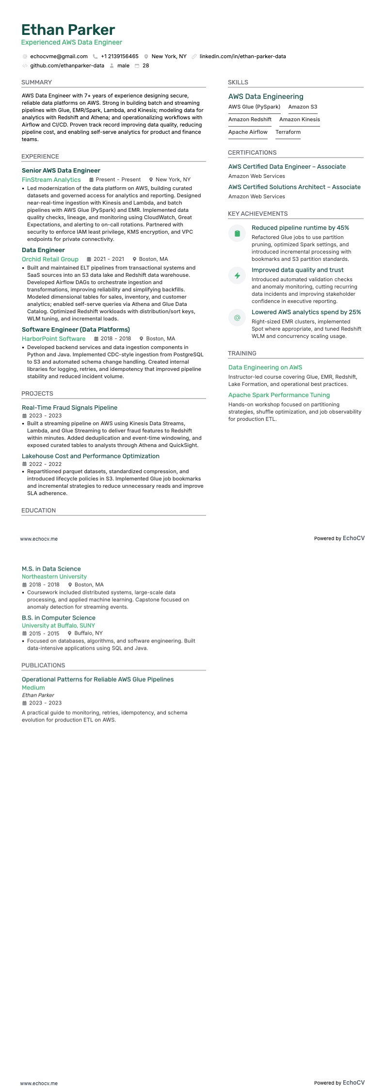 Experienced AWS Data Engineer example resume