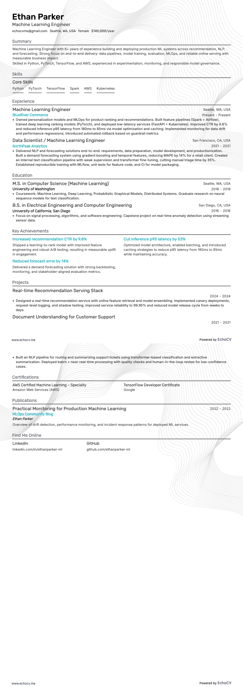 Machine Learning Engineer example resume