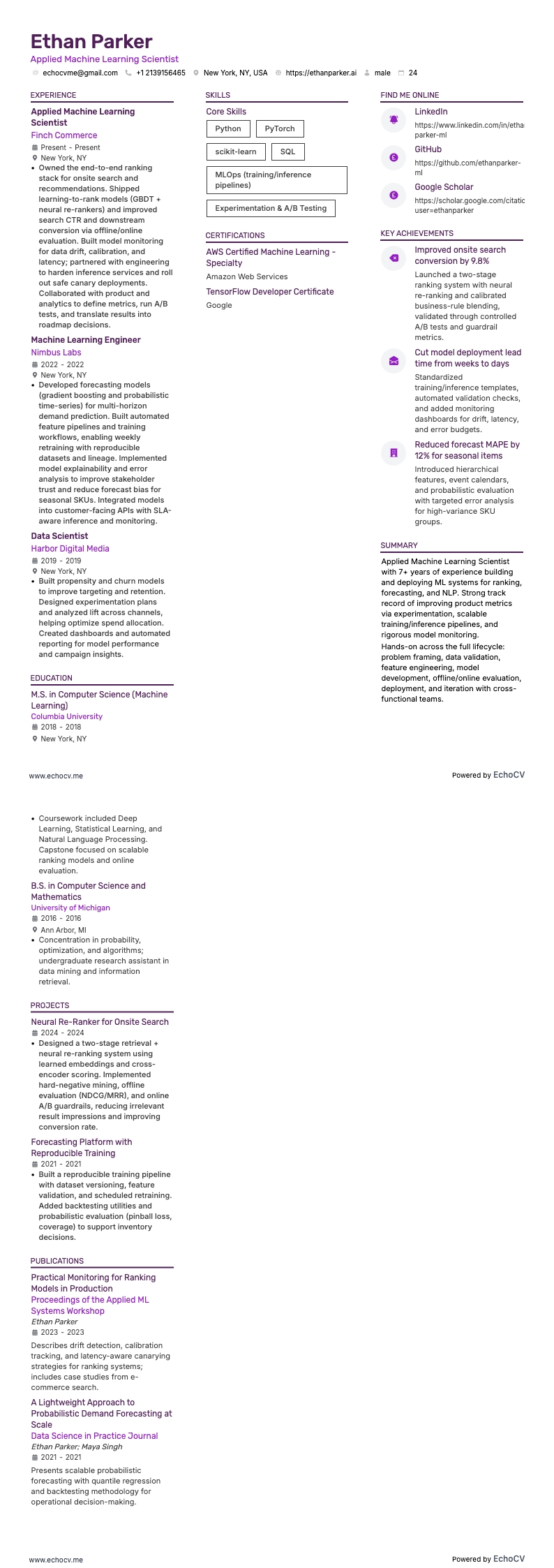 Applied Machine Learning Scientist example resume