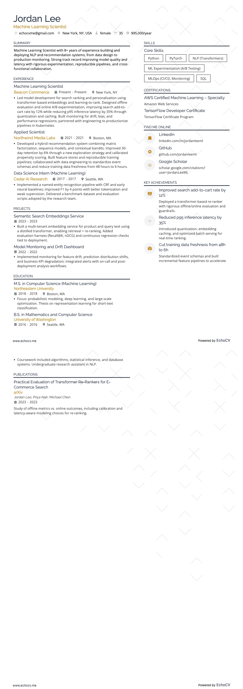 Machine Learning Scientist example resume