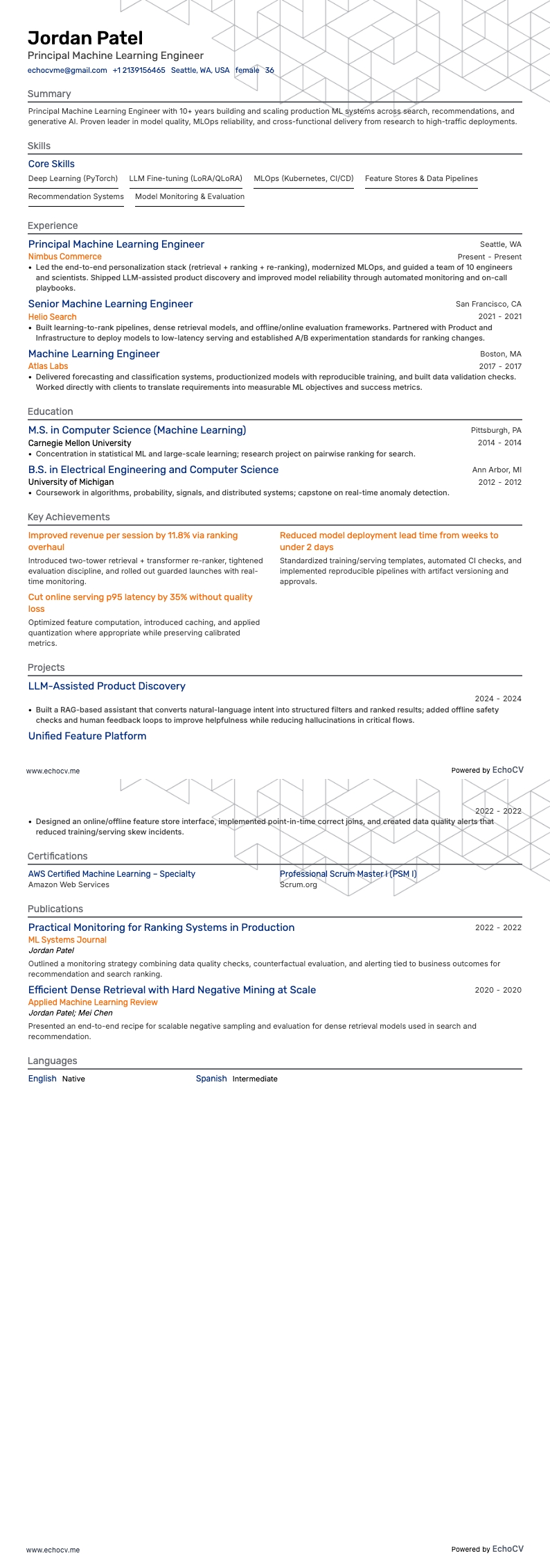 Principal Machine Learning Engineer example resume