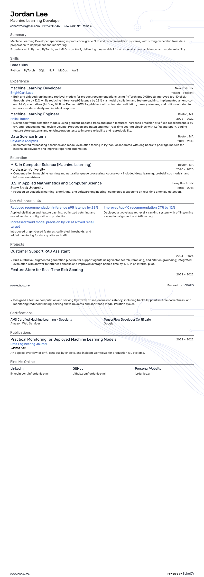 Machine Learning Developer example resume