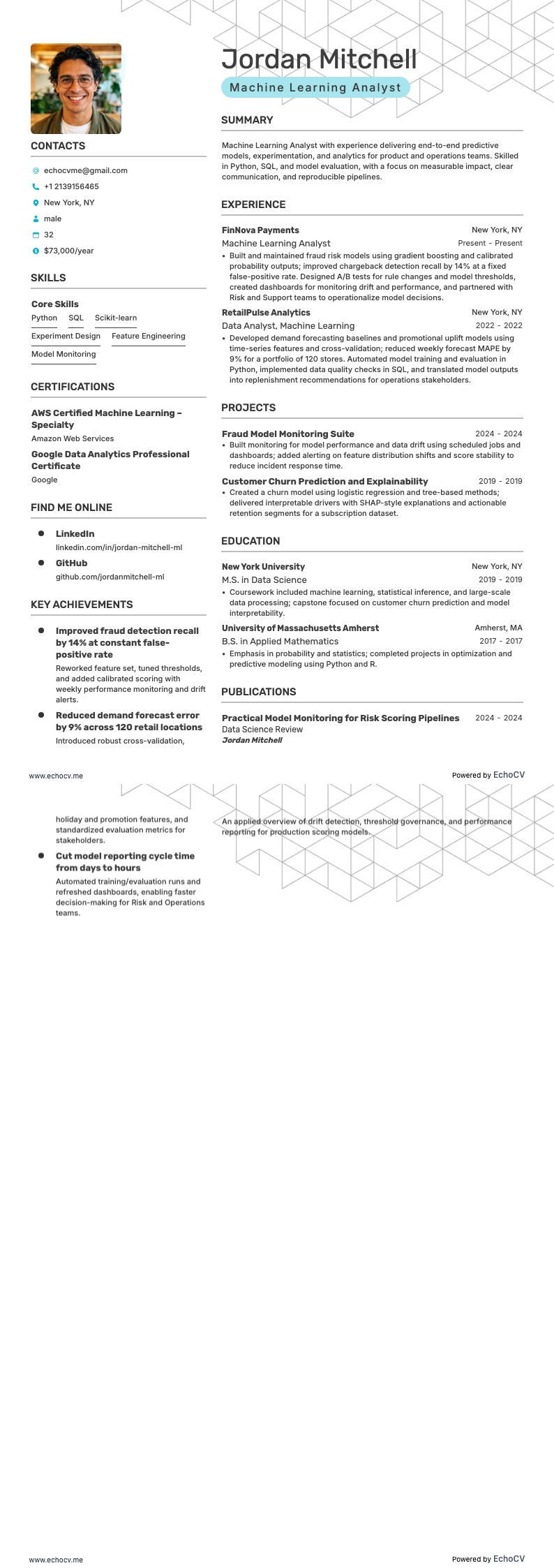 Machine Learning Analyst example resume