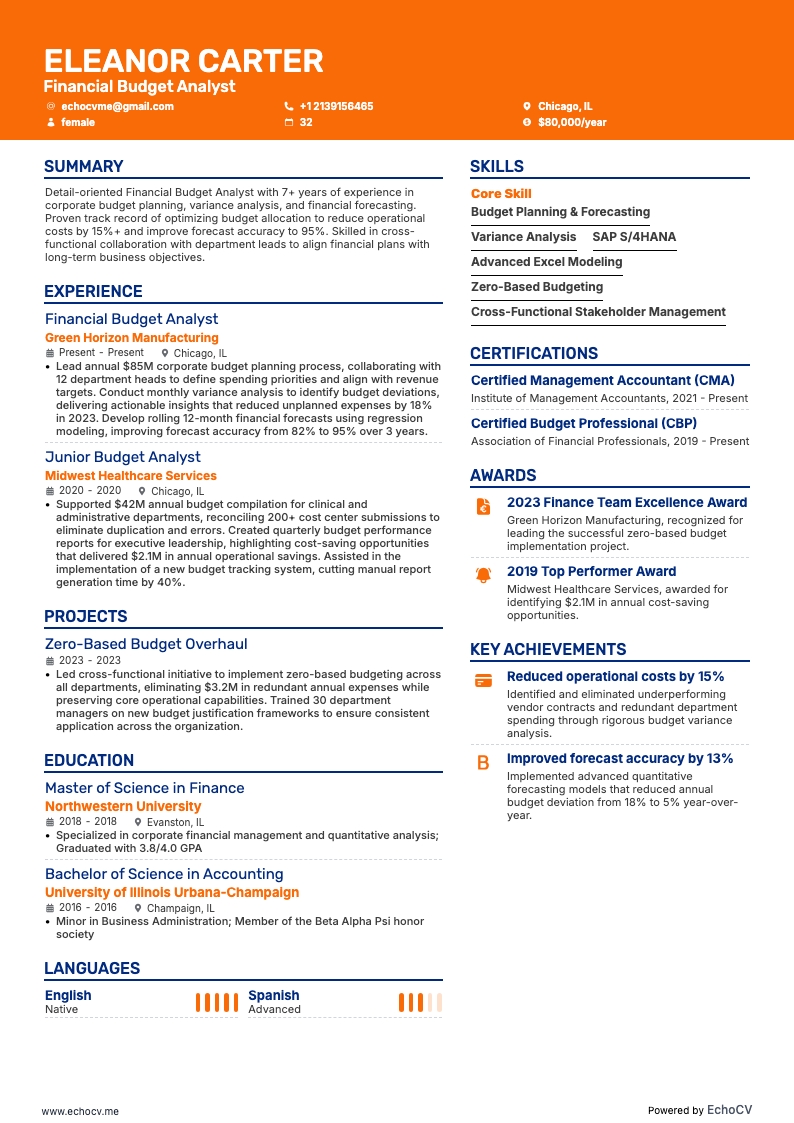 Financial Budget Analyst example resume